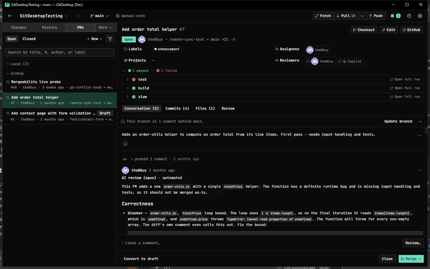 A GitHub pull request in GitDesktop: CI checks with per-job status, an automated AI review, and the merge action — none of which GitHub Desktop shows in-app